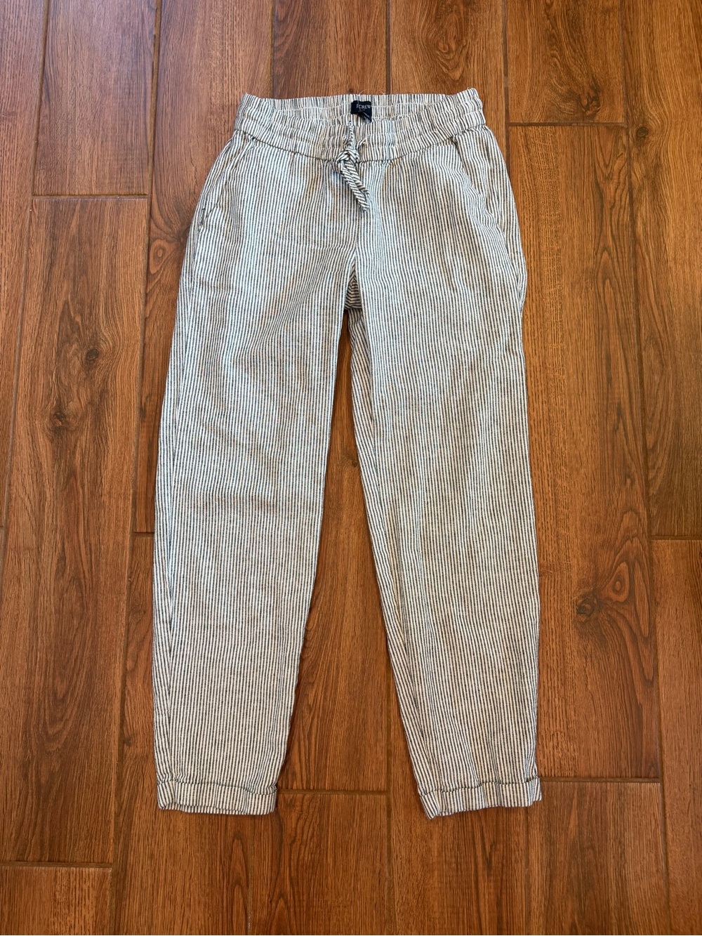 J. Crew Women’s Linen Black White Striped Pants Drawstring Pockets Size 00